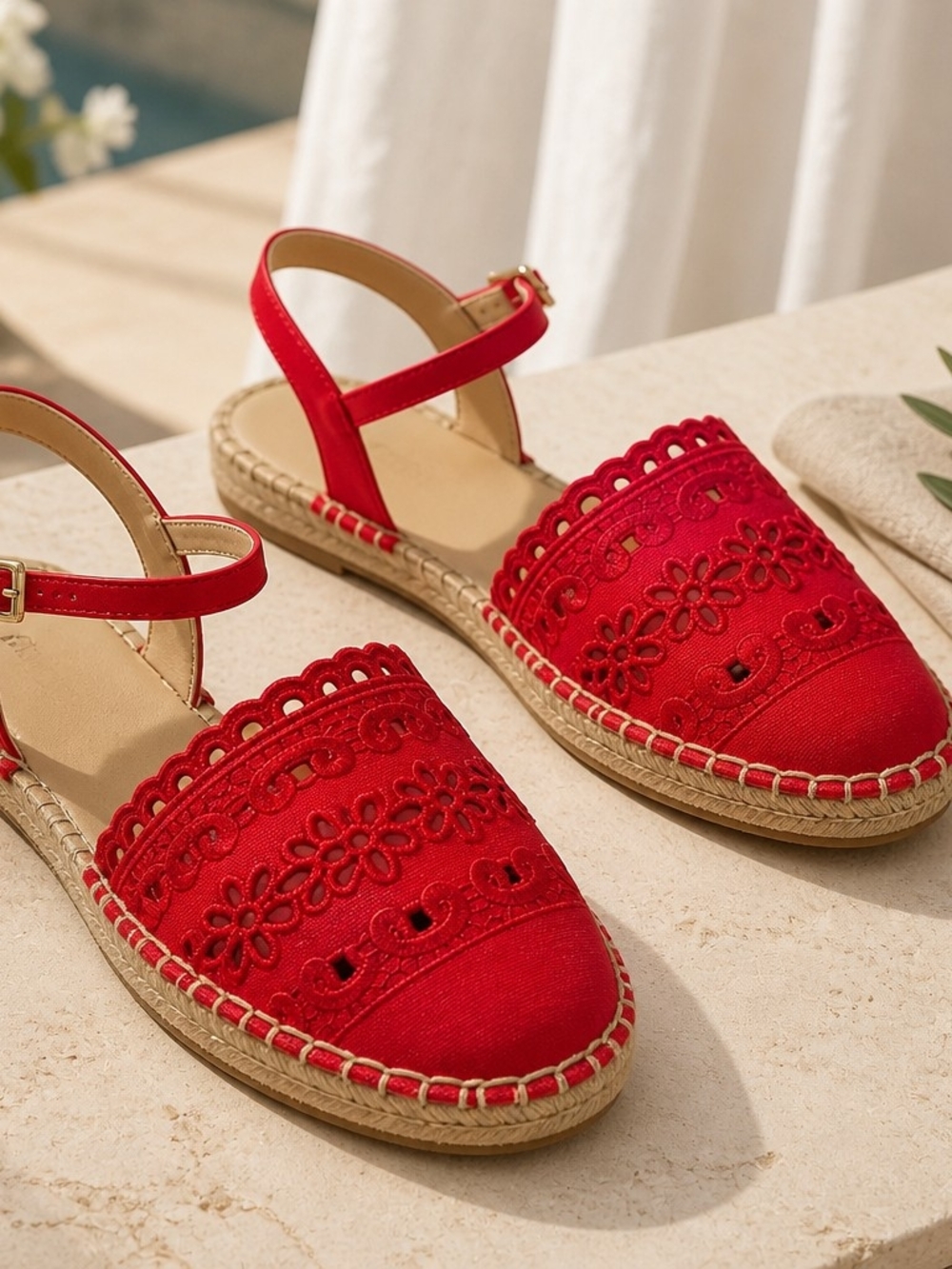 Talbots Red Embroidered Espadrille Slingback Flats Sandals Eyelet Floral Size 8 - Picture 3 of 11